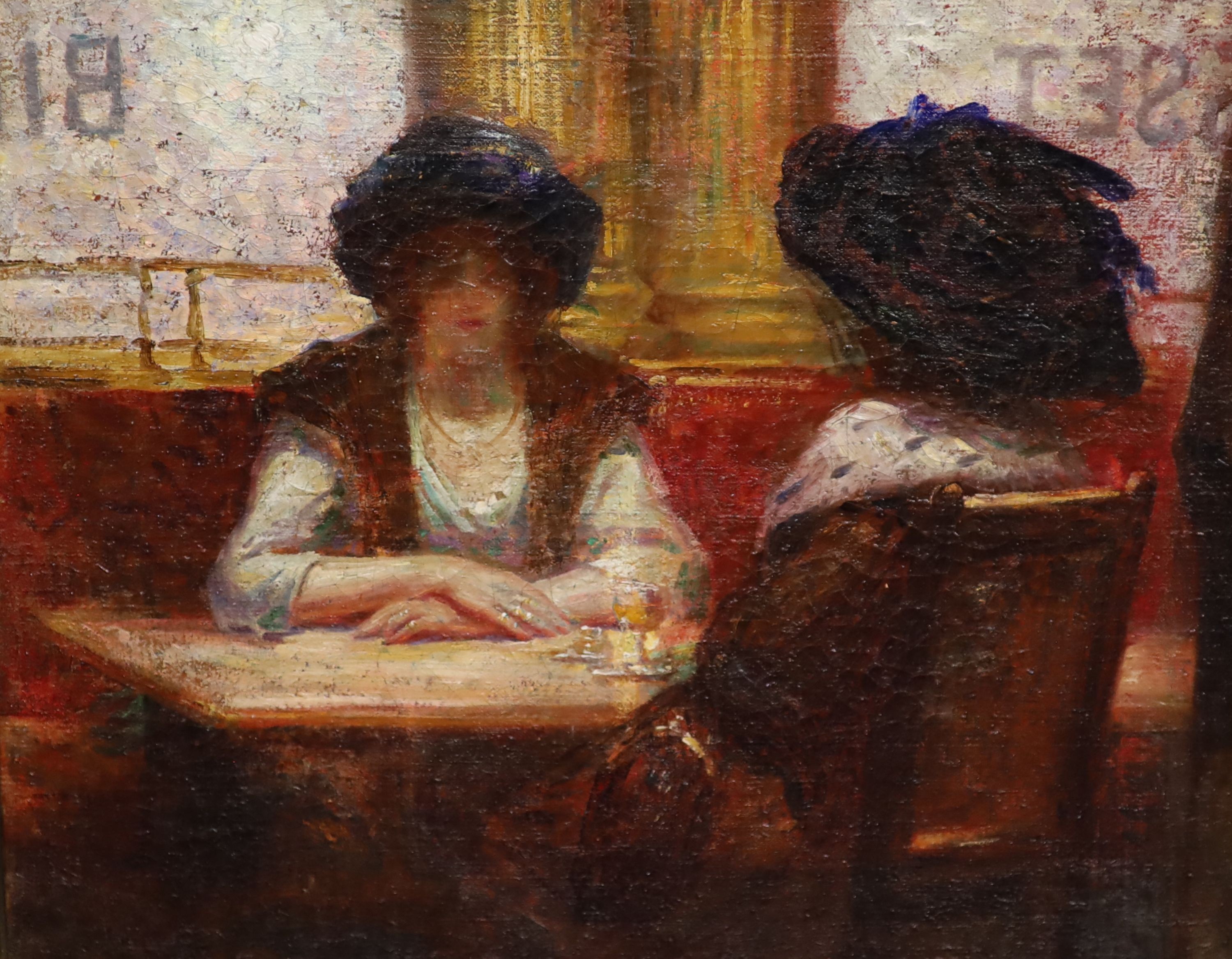 Modern British , Women conversing in a cafe, oil on canvas, 45 x 54cm